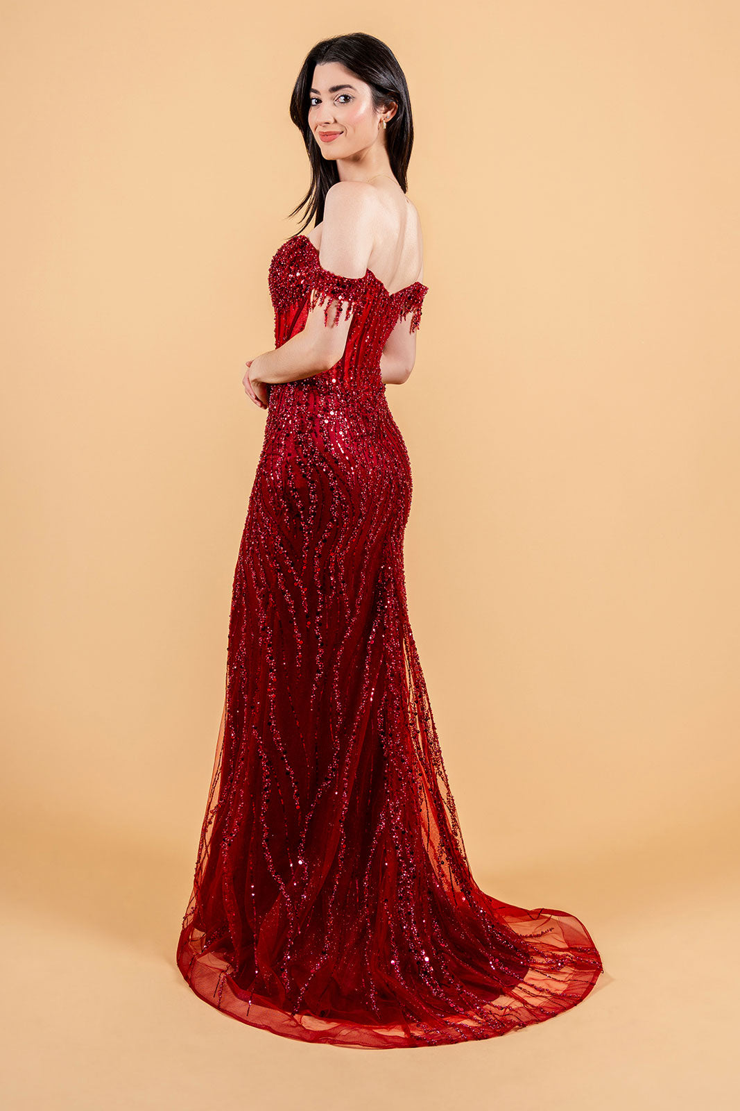 Sequined One Shoulder Slit Gown with Chiffon Ribbon - Retro