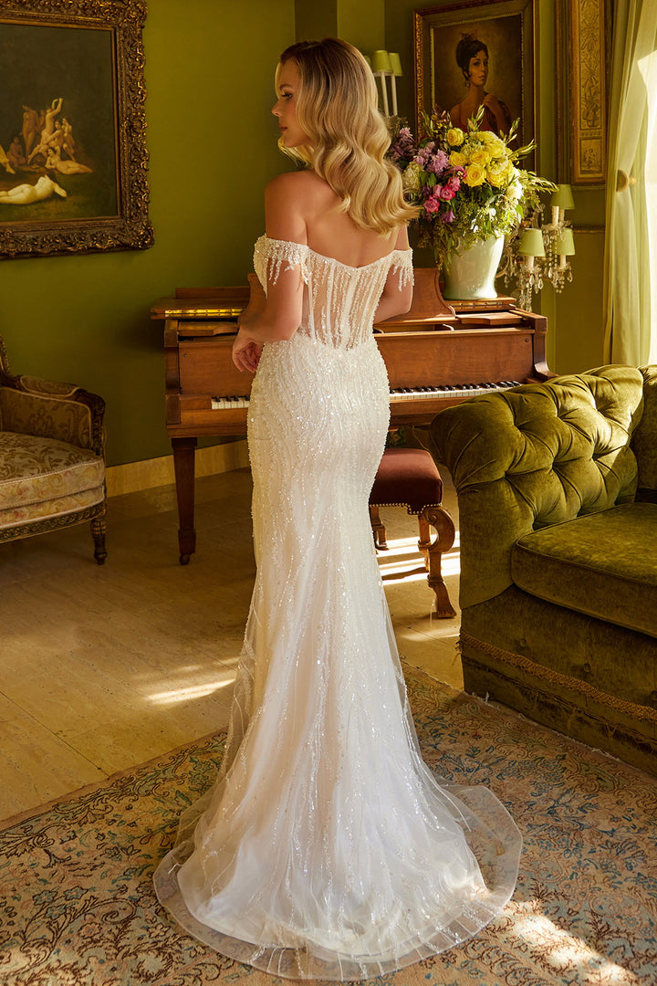 Fringe Off Shoulder Slit Gown by Elizabeth K GL3620