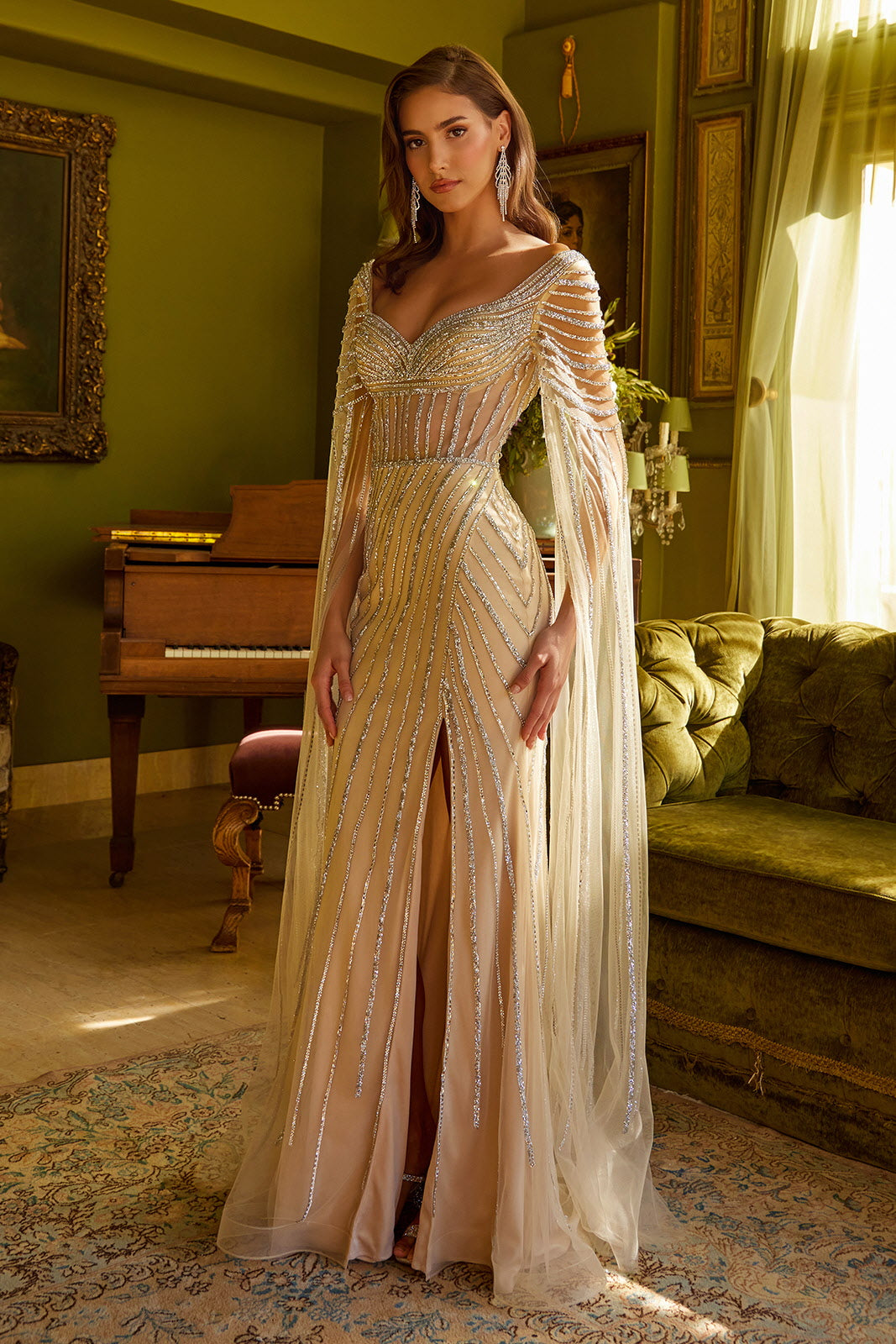 Beaded Cape Sleeve Slit Gown by GLS Gloria GL3624 – ABC Fashion