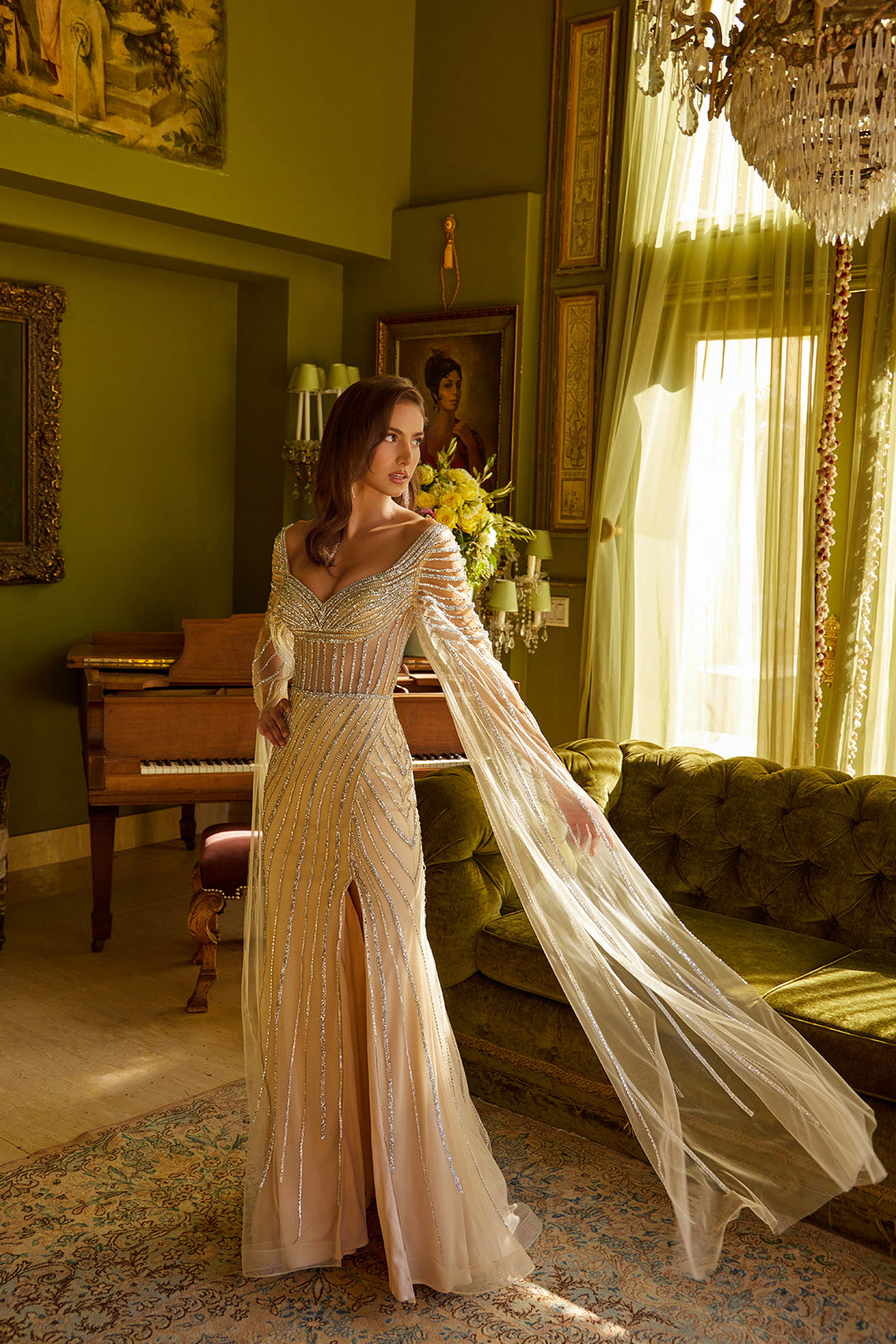 gold dress with cape sleeves Gold Beaded Cape Dress With High Slit And Sheer Layers 38962