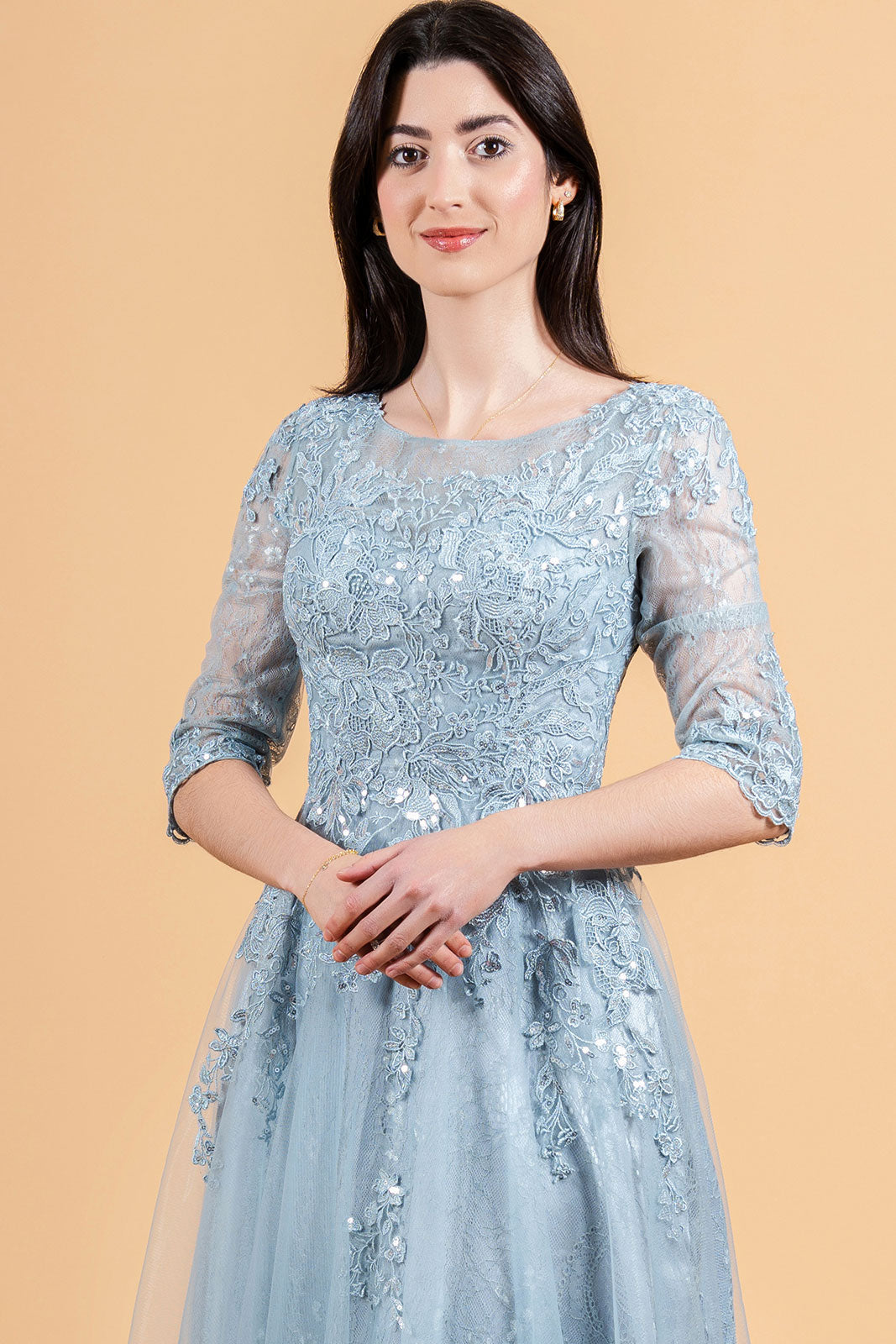blue lace 3 4 sleeve dress Navy Blue A-Line V-Neck 3/4 Lace Sleeves Mother of the Bride Dress
