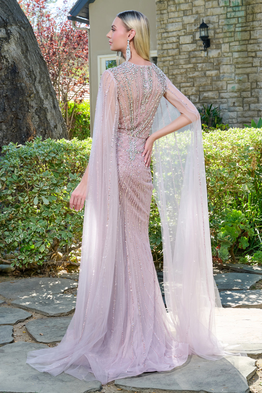 pink beaded dress with sleeves ASHLEYlauren 11436 Fully Beaded Long Sleeve Gown