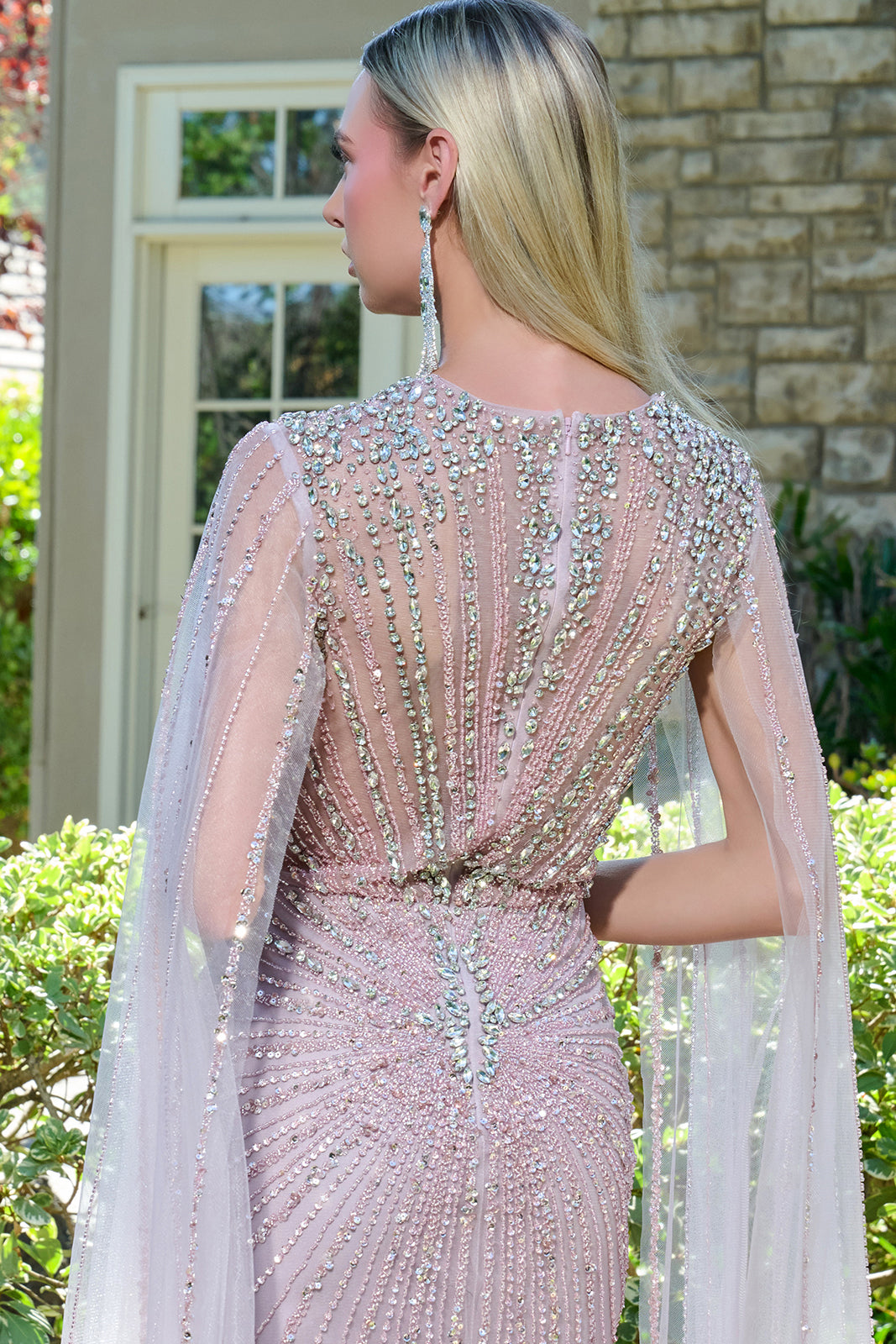 Beaded Fitted Cape Sleeve Gown by Elizabeth K GL3664