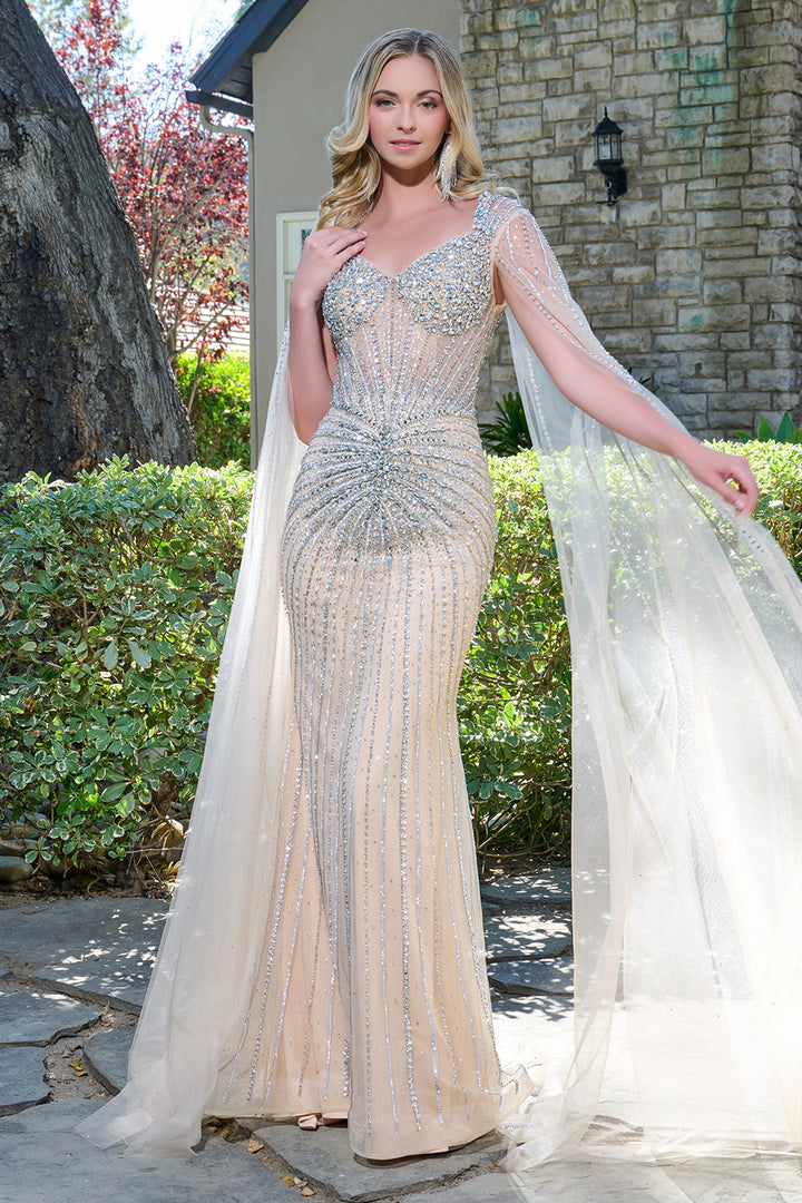 Beaded Fitted Cape Sleeve Gown by Elizabeth K GL3666