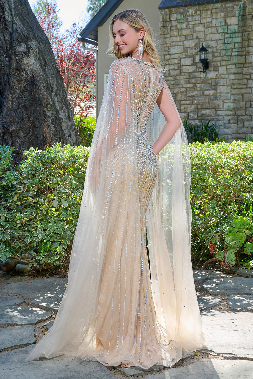 Beaded Fitted Cape Sleeve Gown by Elizabeth K GL3666