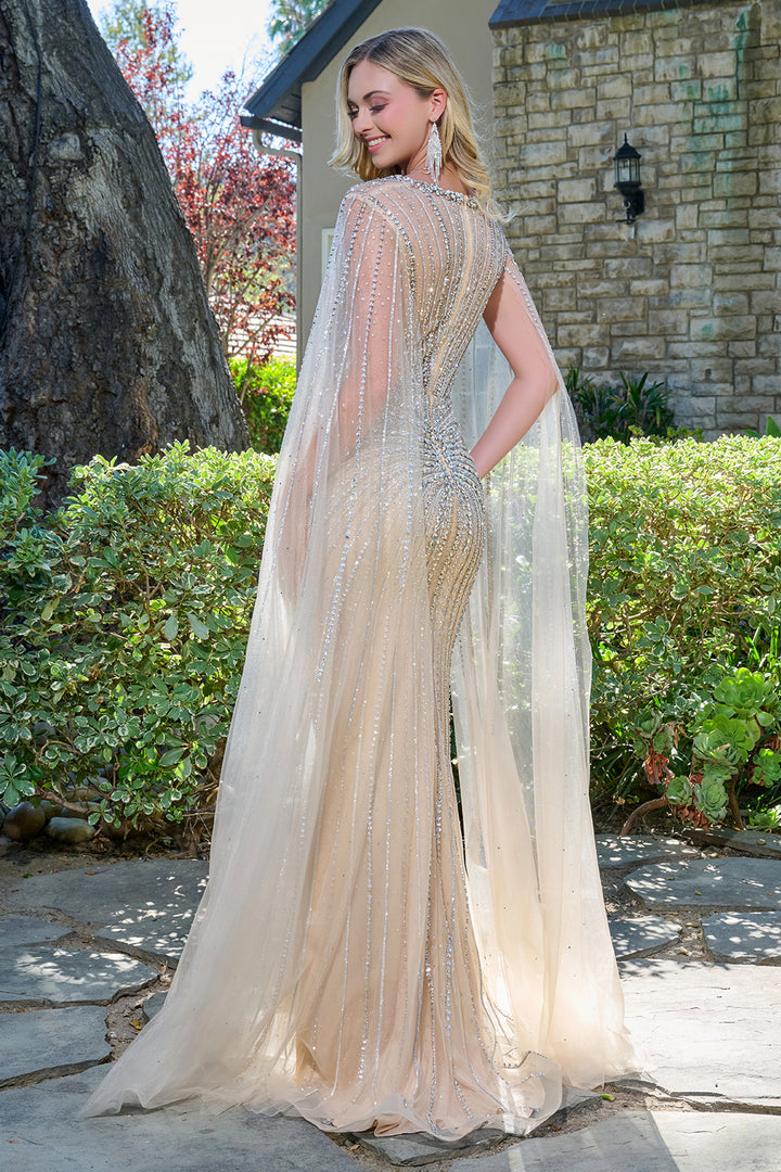 Beaded Fitted Cape Sleeve Gown by Elizabeth K GL3666