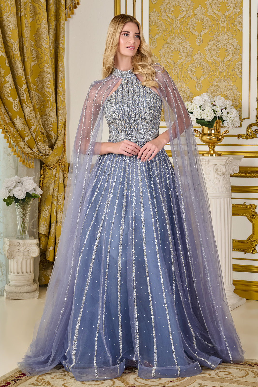 Beaded Cape Sleeve Gown by Elizabeth K GL3669
