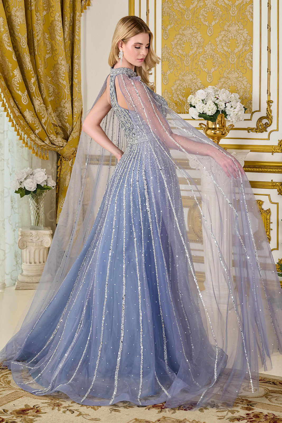 Beaded Cape Sleeve Gown by Elizabeth K GL3669