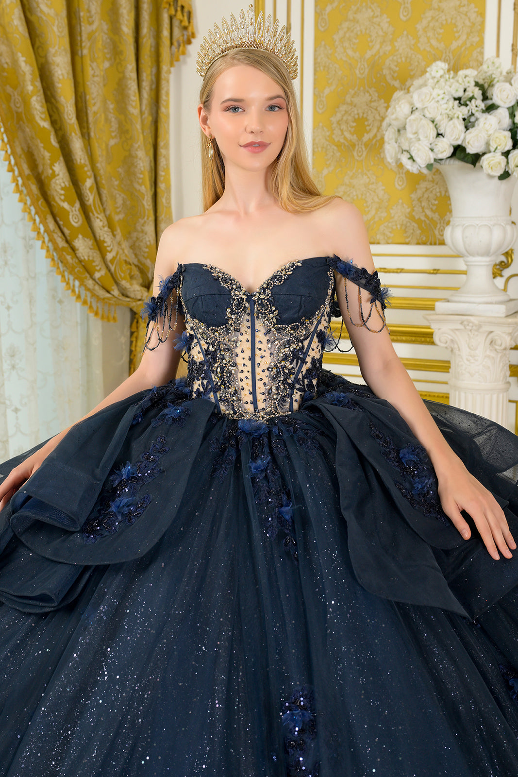 Off Shoulder Ruffled Ball Gown by Elizabeth K GL3676