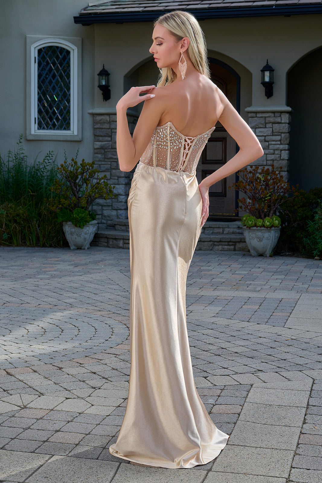 Beaded Satin Strapless Slit Gown by Elizabeth K GL3679