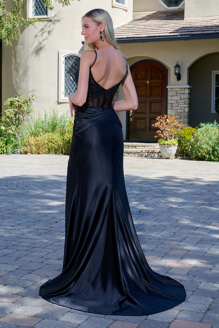 Satin Sleeveless Slit Gown by Elizabeth K GL3680