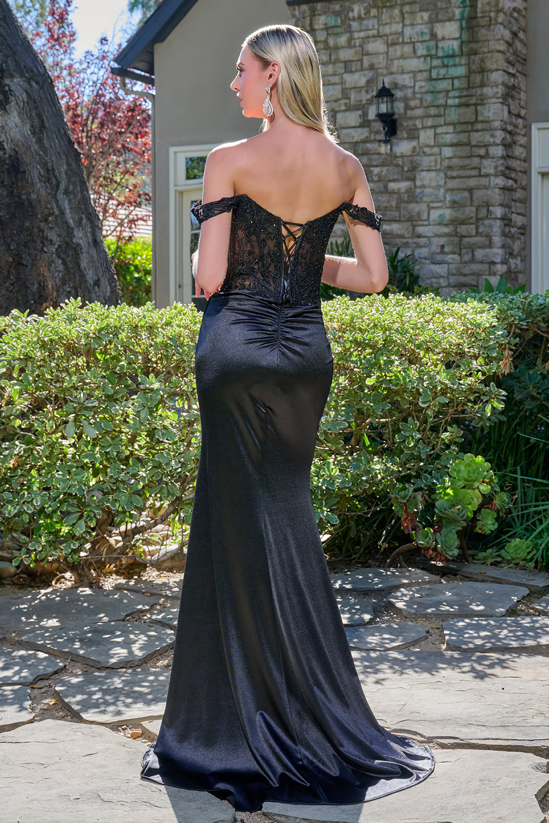 Applique Off Shoulder Slit Gown by Elizabeth K GL3691
