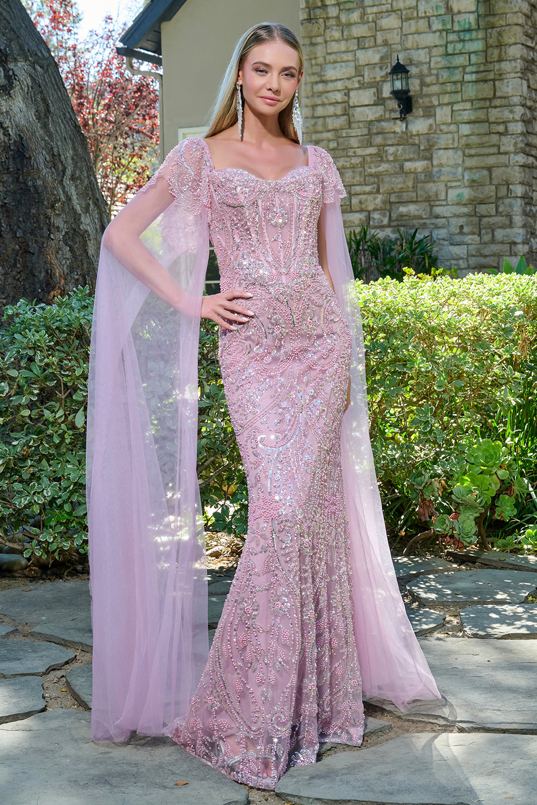 Beaded Fitted Cape Sleeve Gown by GLS Gloria GL3704 M / Dusty Rose