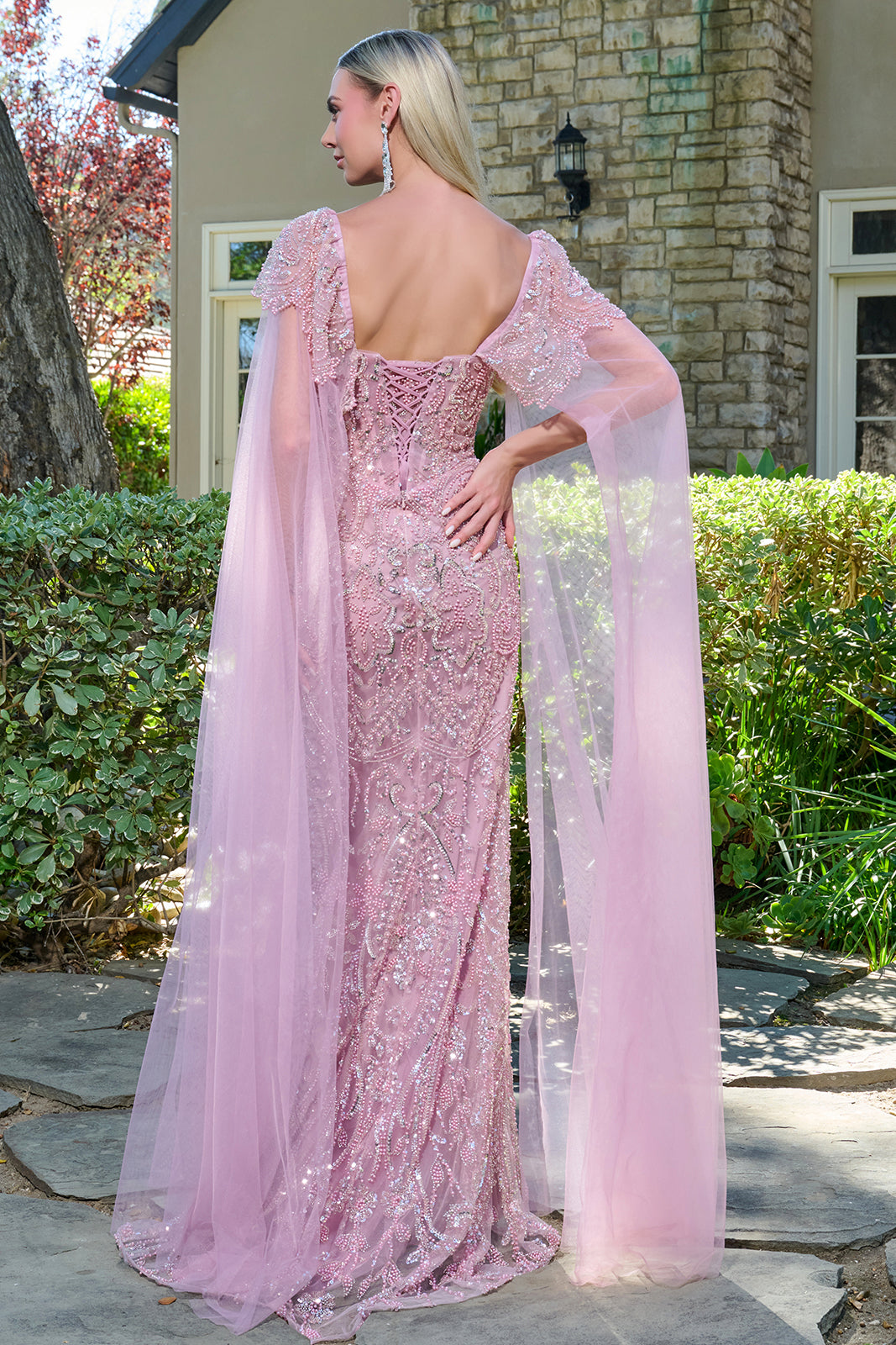 Beaded Fitted Cape Sleeve Gown by GLS Gloria GL3704