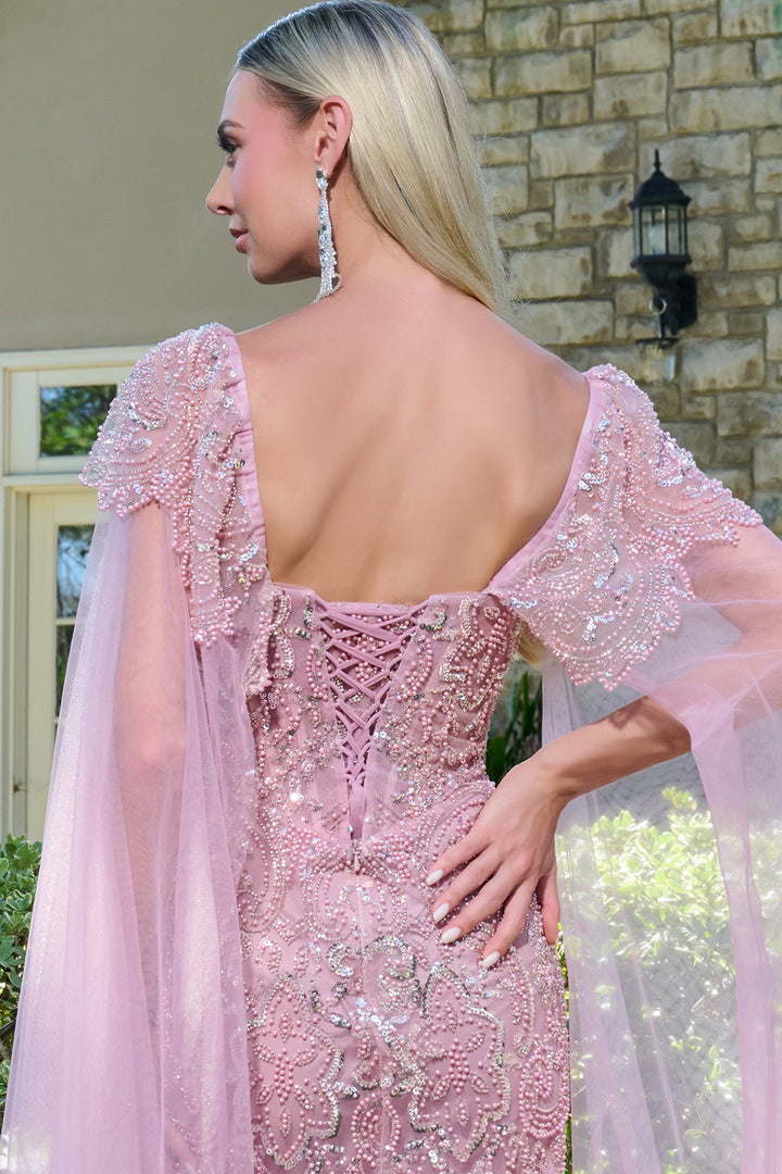 Beaded Fitted Cape Sleeve Gown by GLS Gloria GL3704