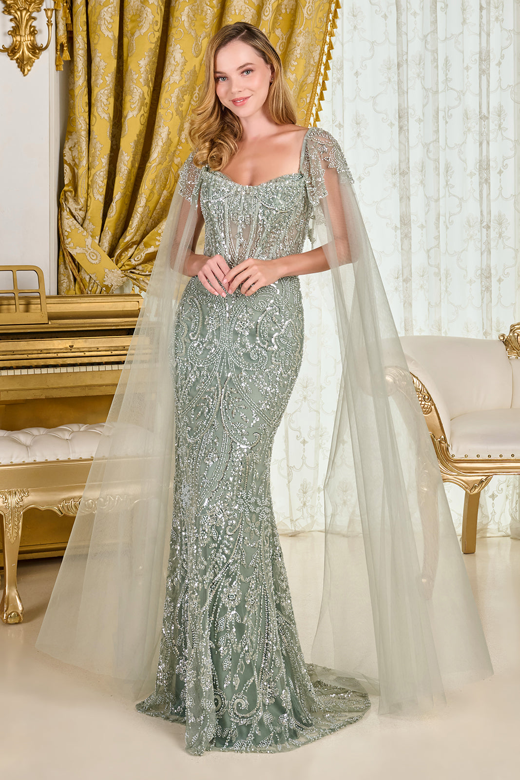 Beaded Fitted Cape Sleeve Gown by GLS Gloria GL3704