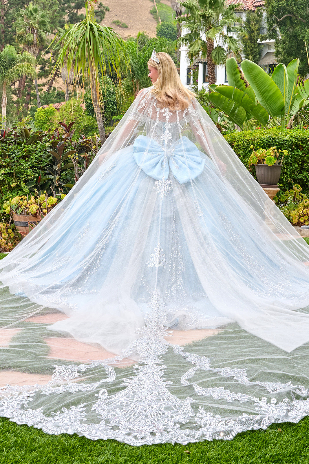 Off Shoulder Cape Ball Gown by Elizabeth K GL3707 XS / Blue Silver