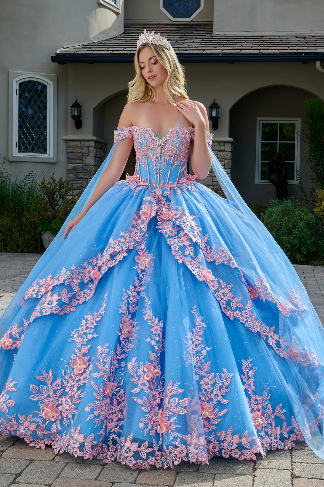 3D Butterfly Cape Sleeve Ball Gown by Elizabeth K GL3708 2XL / Bahama Blue