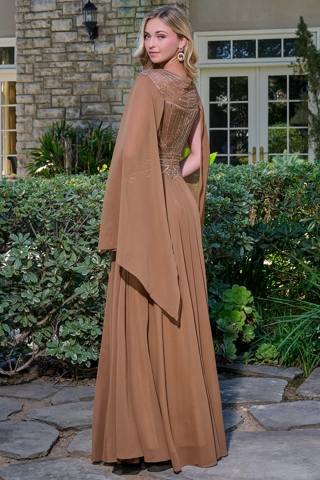 Beaded Cape Sleeve A-line Gown by GLS Gloria GL3736