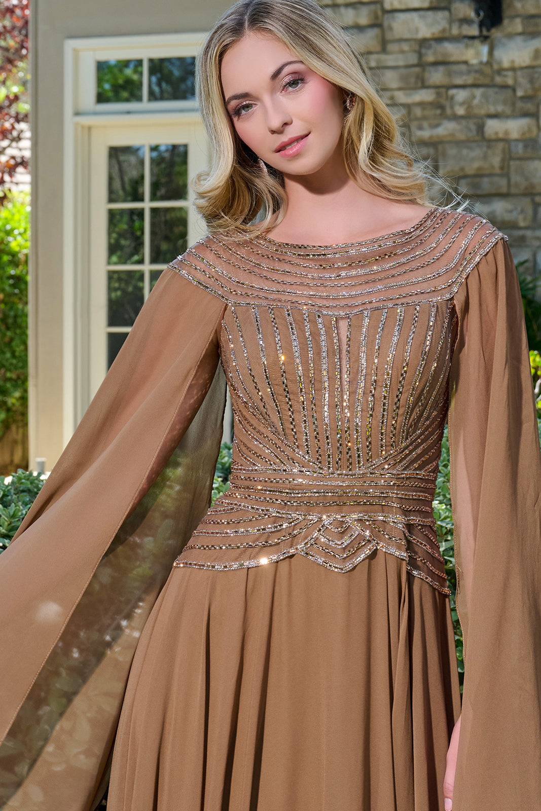 Beaded Cape Sleeve A-line Gown by GLS Gloria GL3736