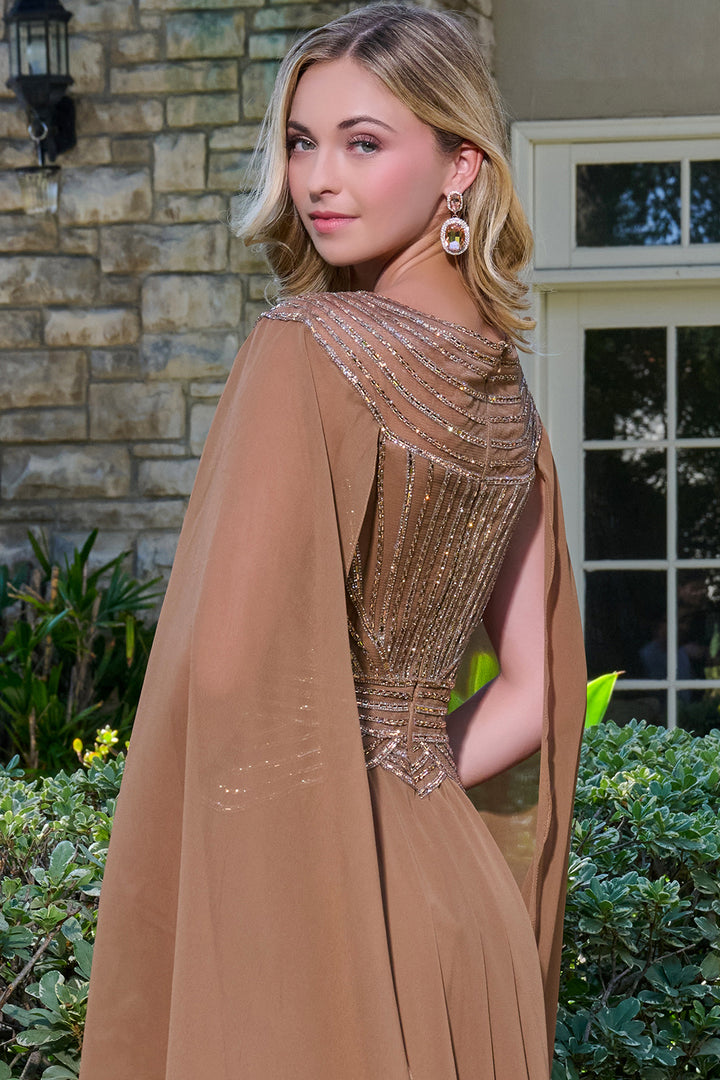 Beaded Cape Sleeve A-line Gown by GLS Gloria GL3736