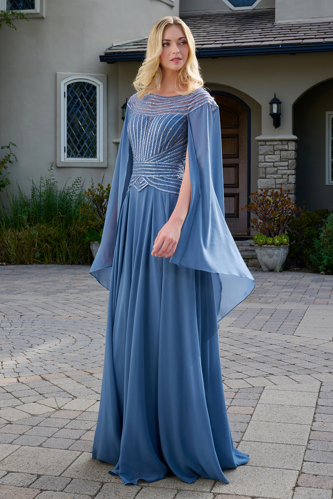 beaded party dress modest cape sleeeve round neck Noor Modest Long Drape Sleeves Beaded A-line Gown B Chic Fashions