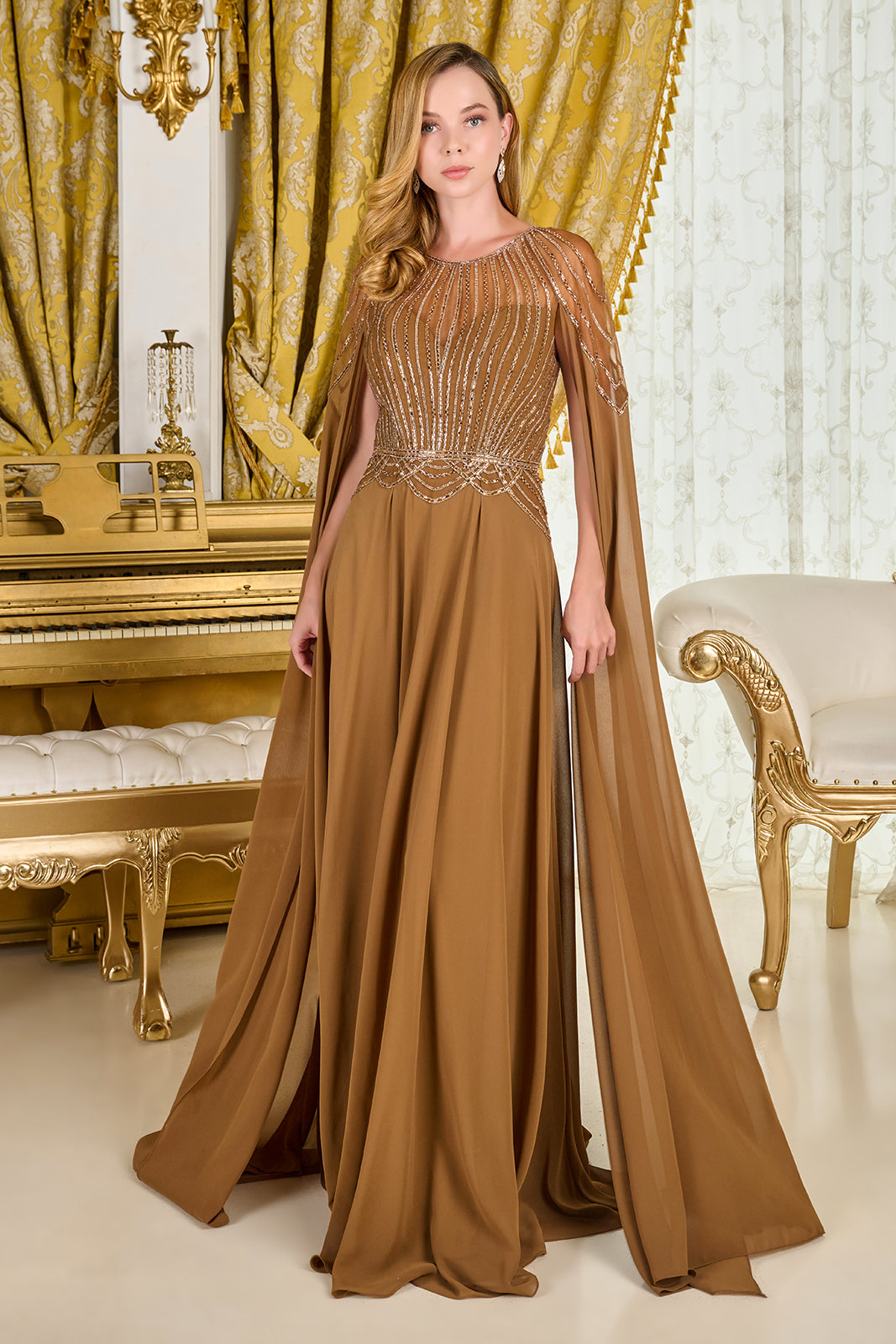 Chiffon Cape Sleeve A-line Gown by GLS Gloria GL3785 3XL / Light Brown