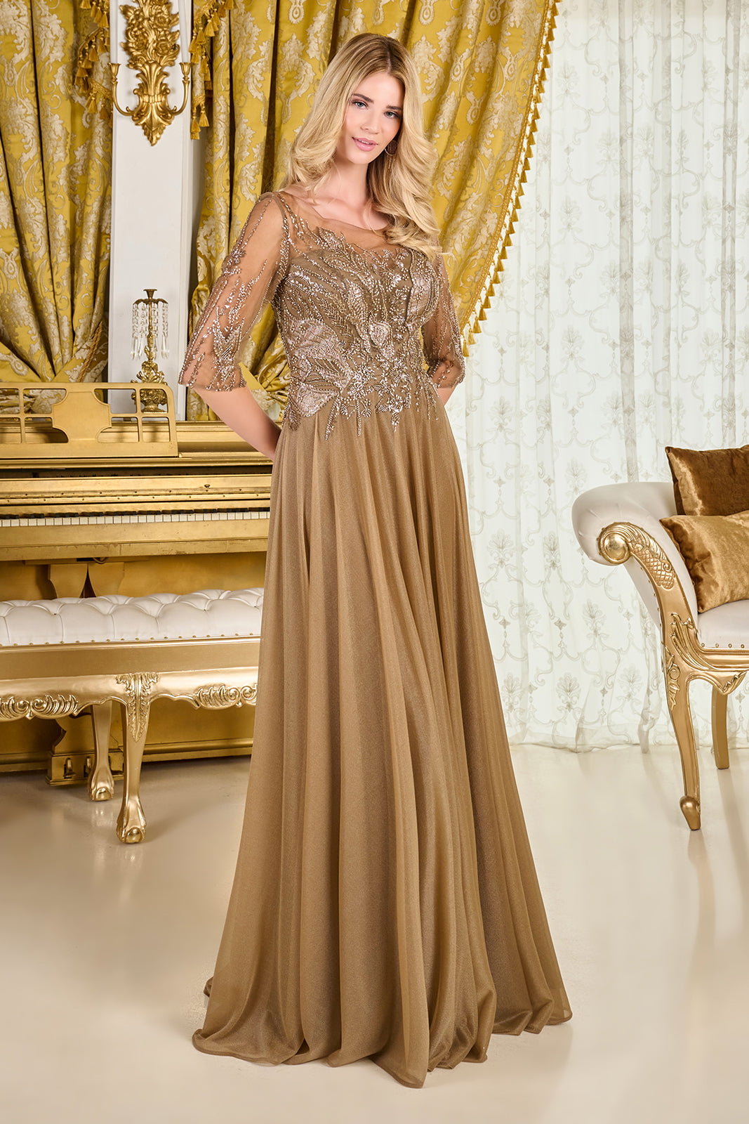Beaded Mid-Sleeve A-line Gown by GLS Gloria GL3786