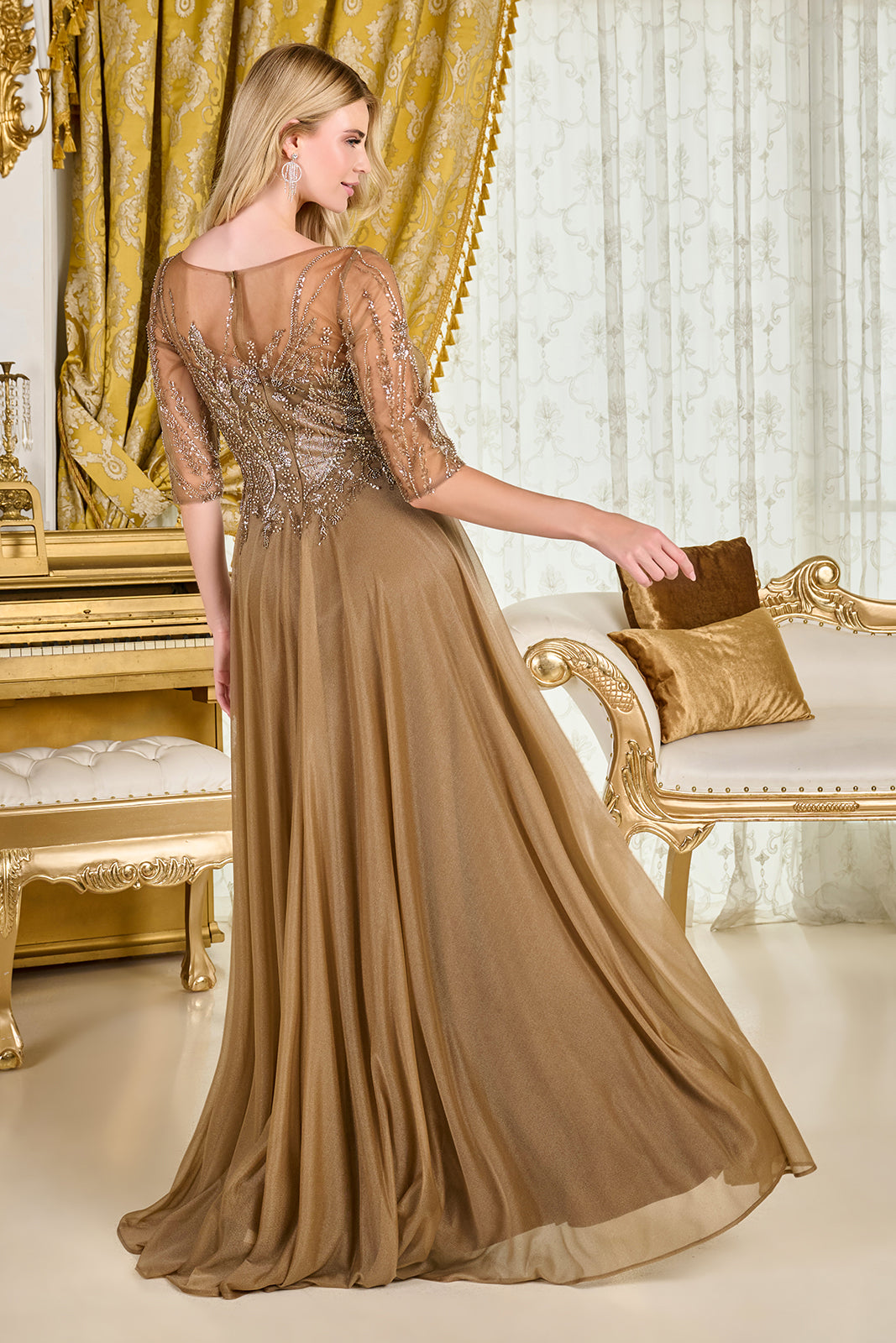 Beaded Mid-Sleeve A-line Gown by GLS Gloria GL3786