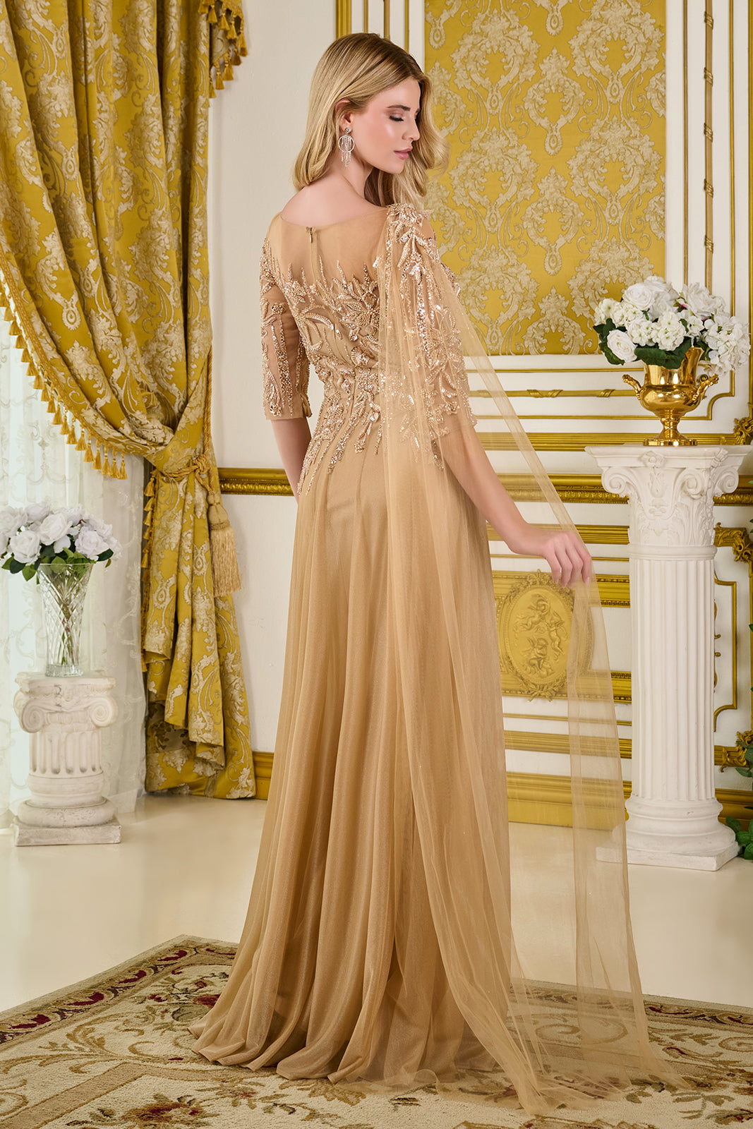 Beaded Mid-Sleeve A-line Gown by GLS Gloria GL3788
