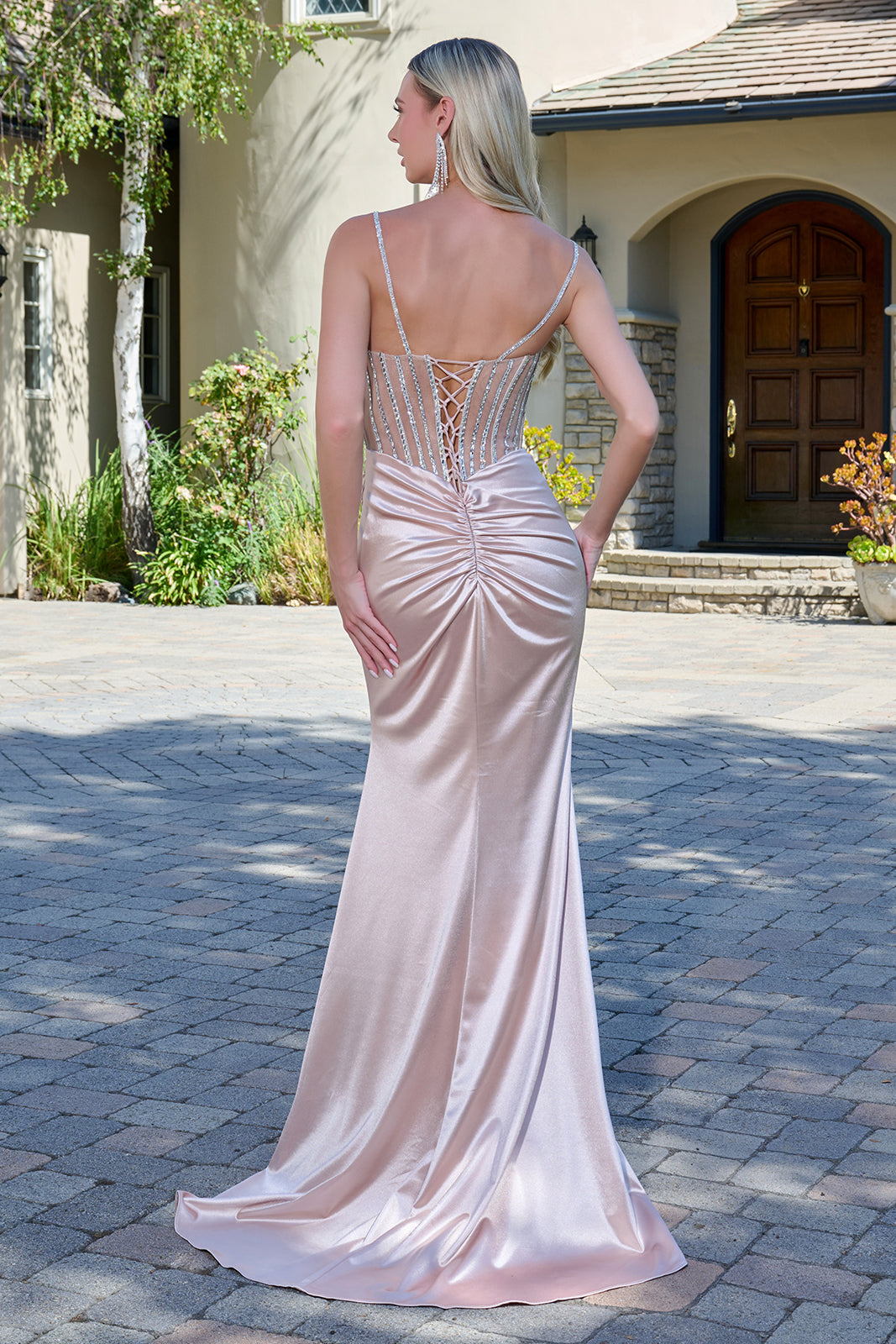 Satin Sleeveless Slit Gown by Elizabeth K GL3798