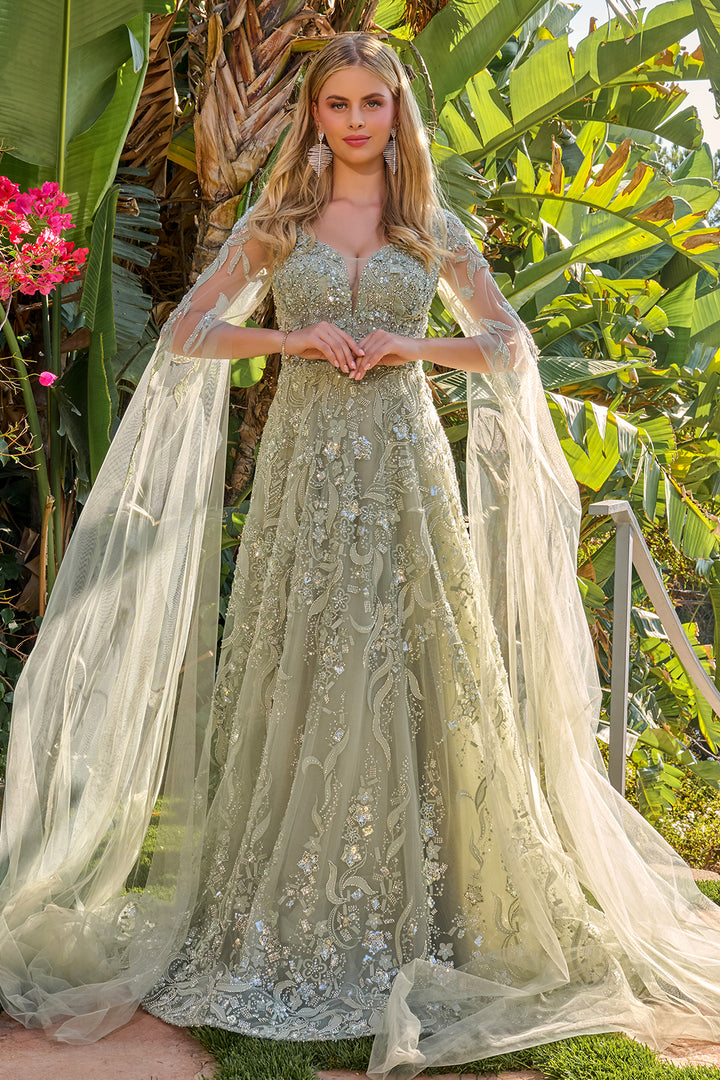 Beaded Cape Sleeve A-line Gown by GLS Gloria GL3838