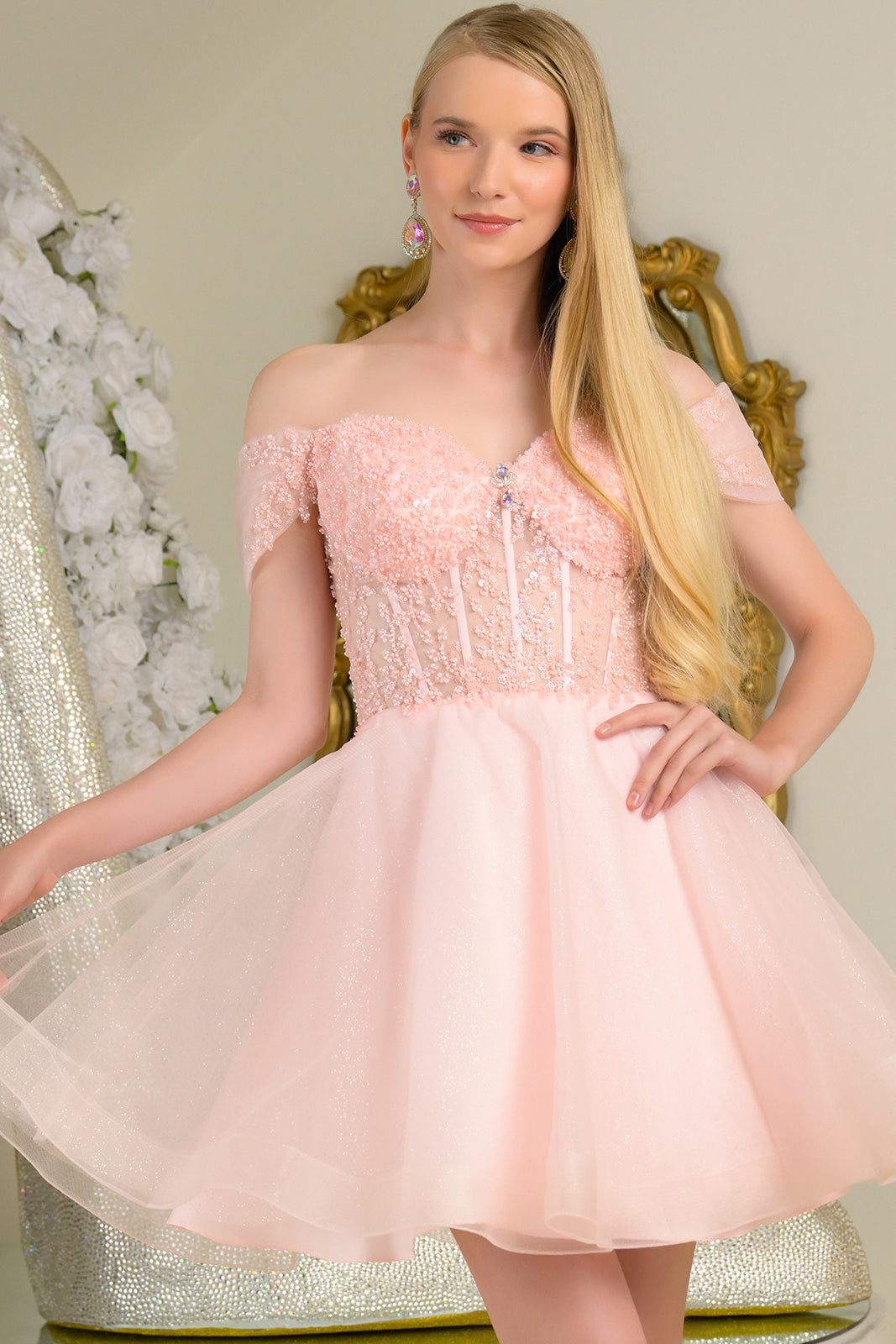 Beaded Short Off Shoulder Dress by Elizabeth K GS3684