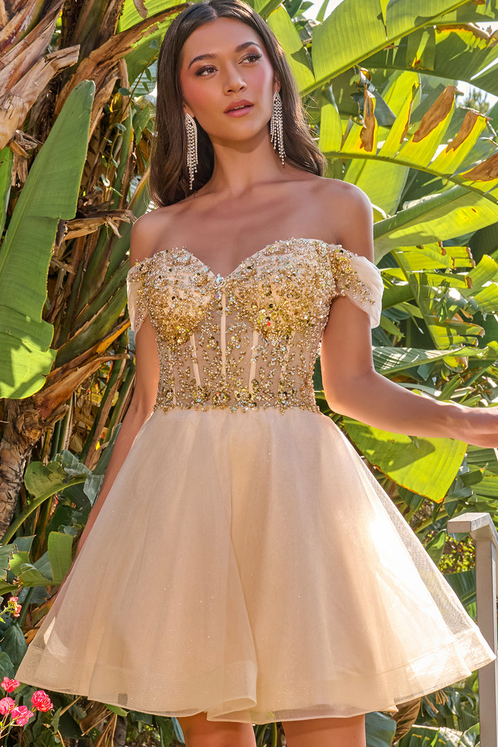 Beaded Short Off Shoulder Dress by Elizabeth K GS3684