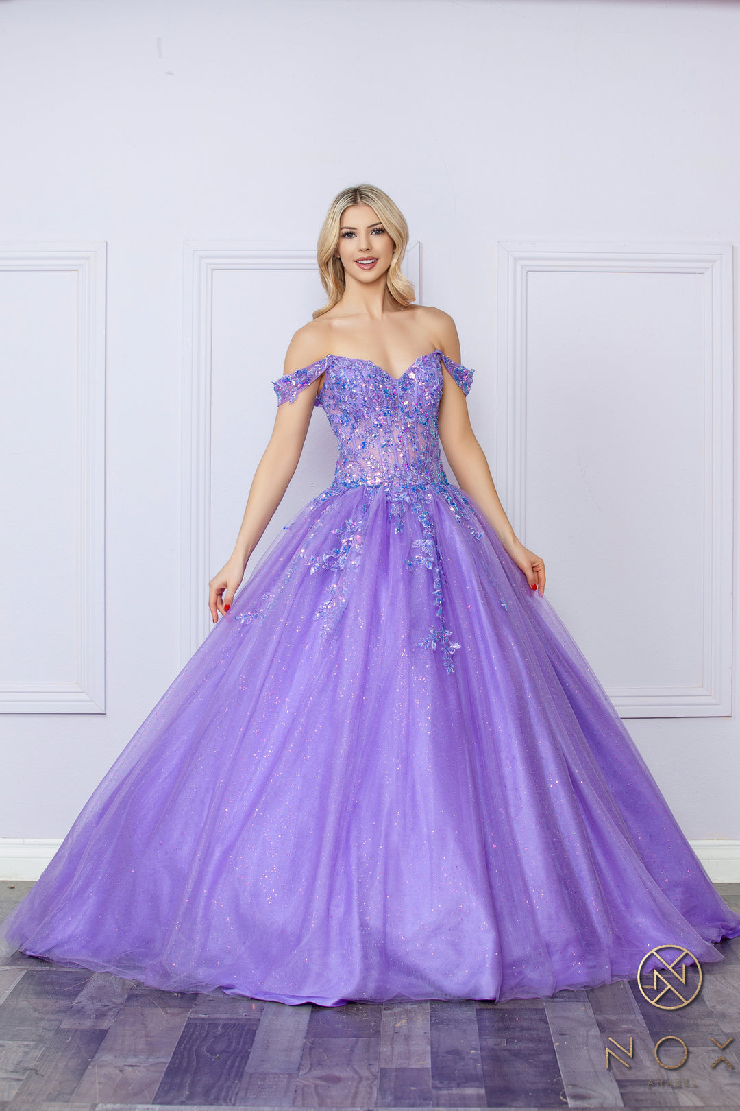 Applique Off Shoulder Corset Ball Gown by Nox Anabel H1349