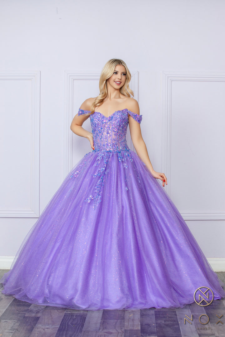 Applique Off Shoulder Corset Ball Gown by Nox Anabel H1349