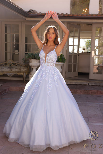 Floral Applique Sleeveless Ball Gown by Nox Anabel H1357