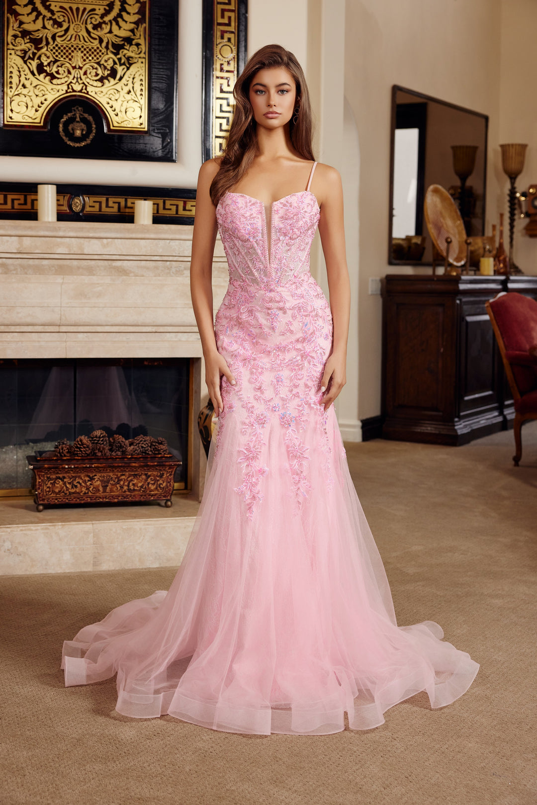 Lace-Up Long Trumpet Prom Dress with Sequin Embroidery Champagne / 10