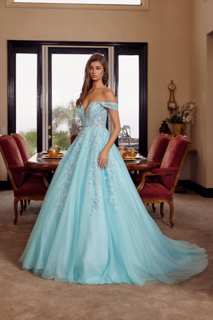 Applique Off Shoulder Ball Gown by Nox Anabel H1881