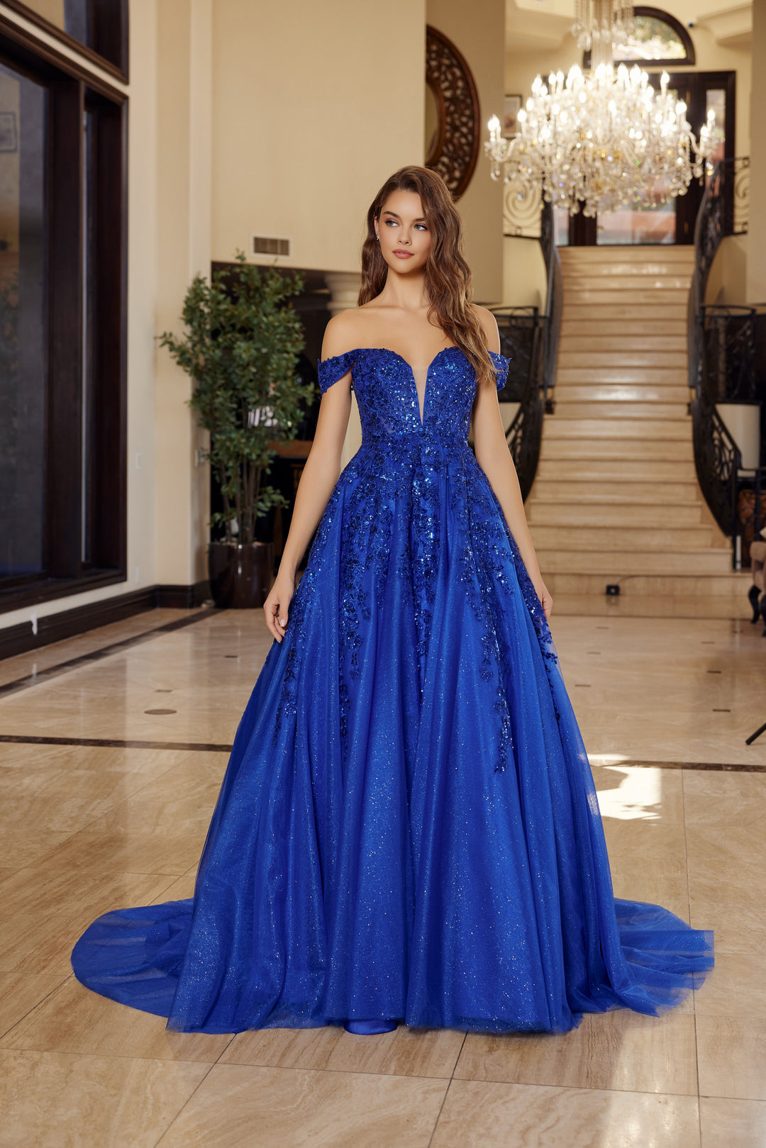 Applique Off Shoulder Ball Gown by Nox Anabel H1881