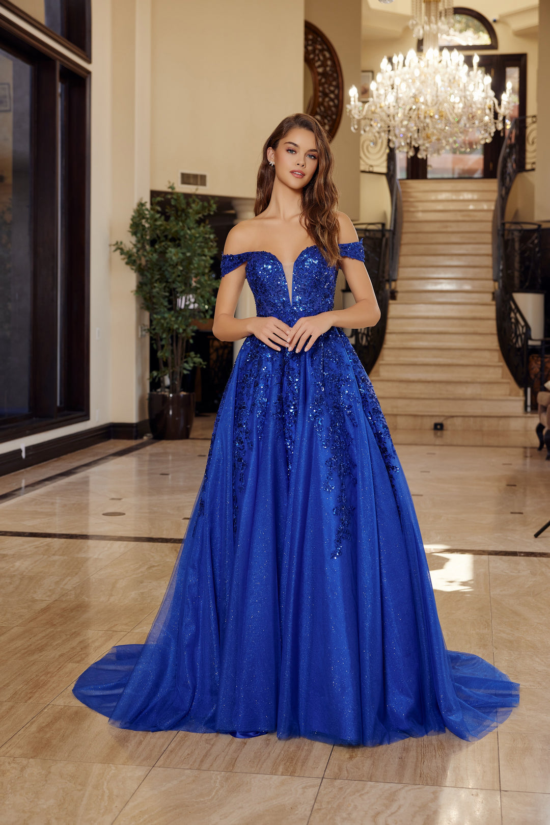 Applique Off Shoulder Ball Gown by Nox Anabel H1881