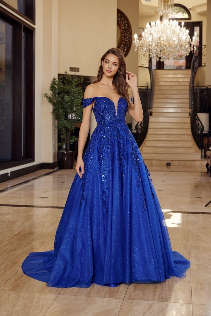 Applique Off Shoulder Ball Gown by Nox Anabel H1881