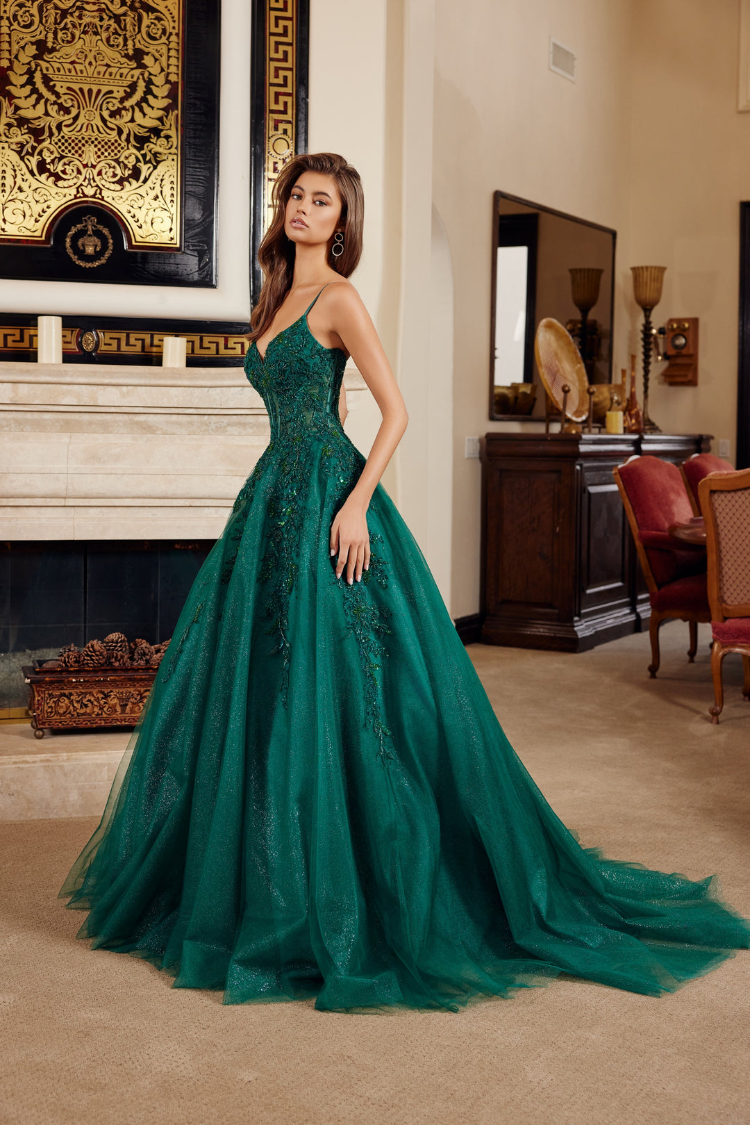 Applique V-Neck A-line Gown by Nox Anabel H1883