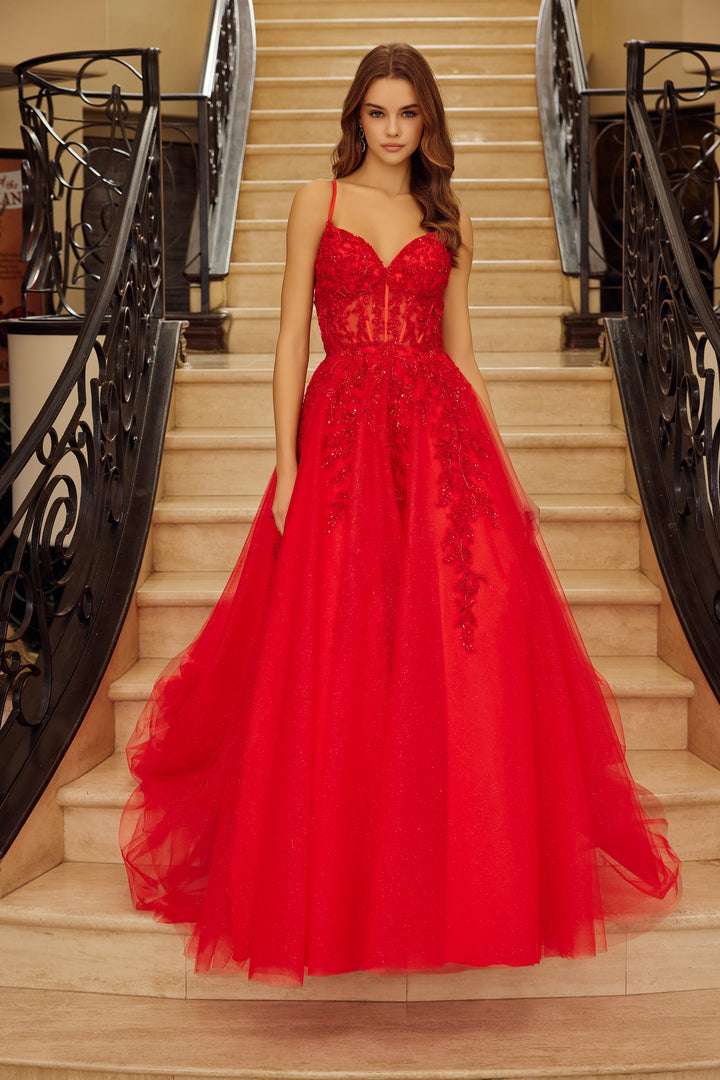 Applique V-Neck A-line Gown by Nox Anabel H1883