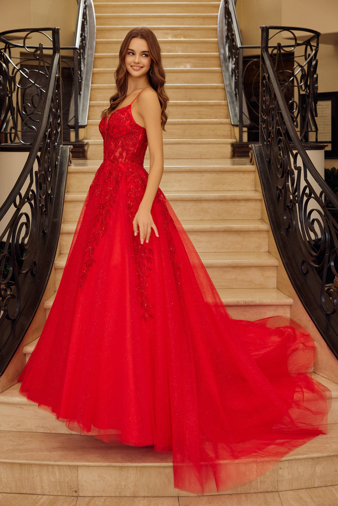 Applique V-Neck A-line Gown by Nox Anabel H1883