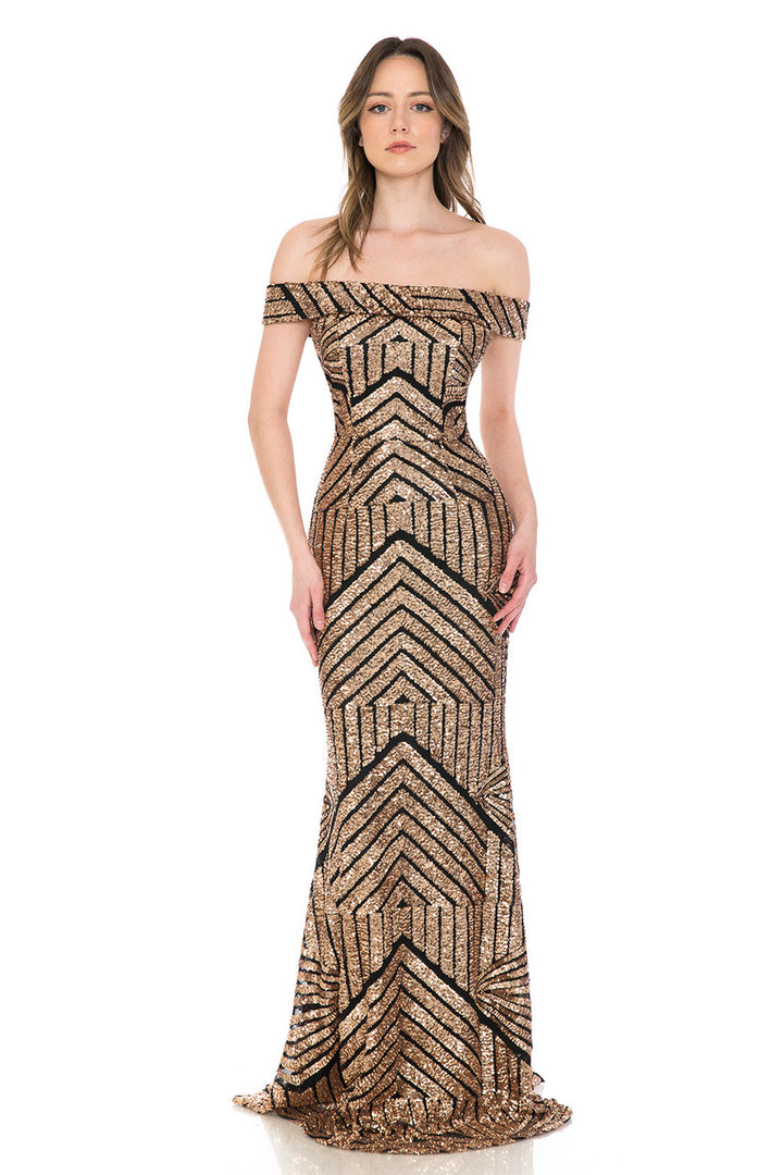 Sequin Print Fitted Off Shoulder Gown by Lenovia 5224
