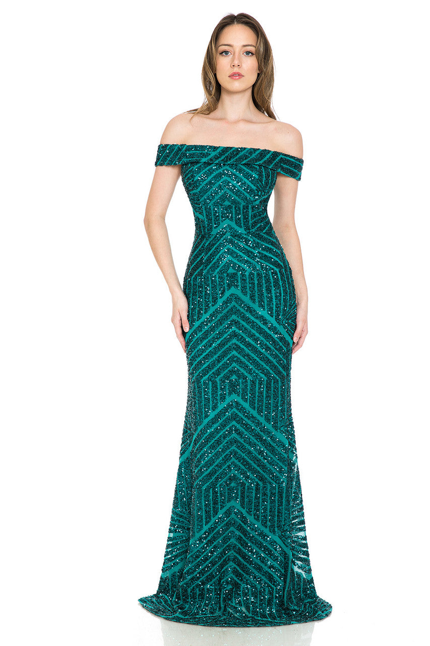 Sequin Print Fitted Off Shoulder Gown by Lenovia 5224