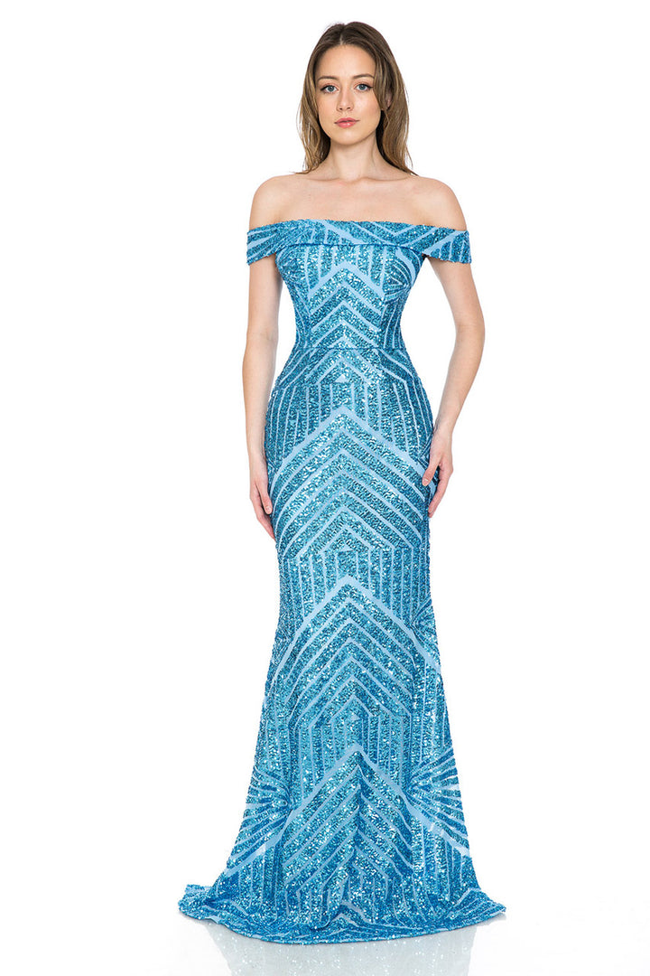 Sequin Print Fitted Off Shoulder Gown by Lenovia 5224