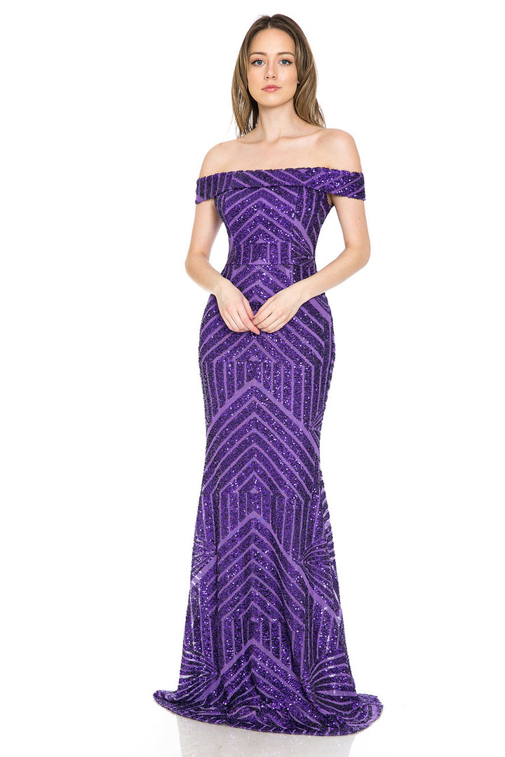 Sequin Print Fitted Off Shoulder Gown by Lenovia 5224