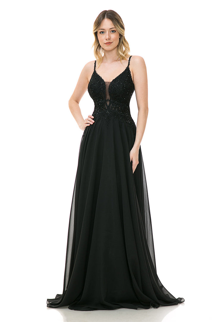 Applique Chiffon V-Neck A-line Gown by Lenovia 8185
